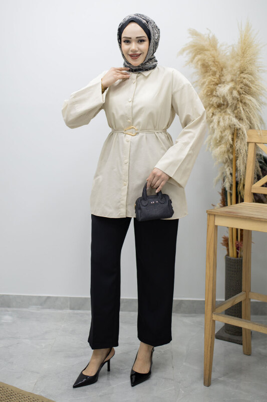 Kuşağı Gold Detaylı Gömlek TSD260162 Bej - 1