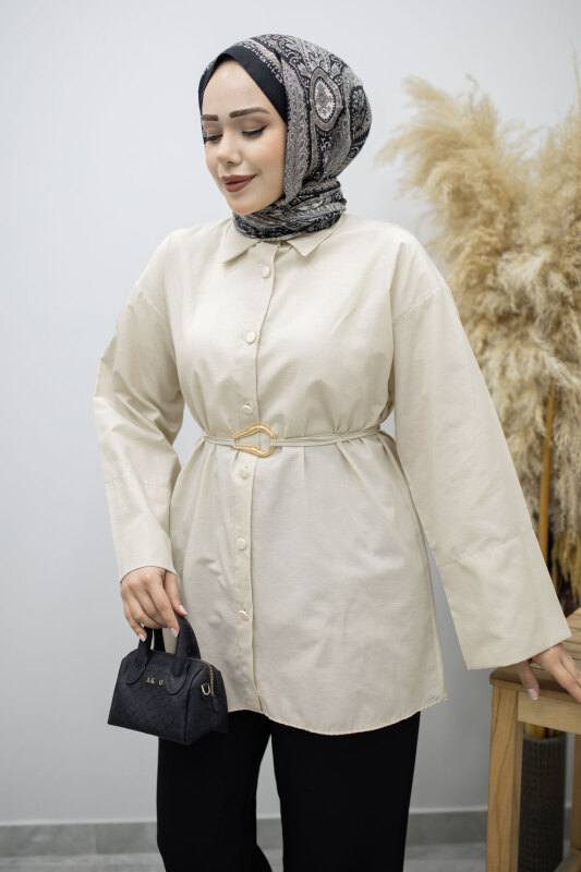 Kuşağı Gold Detaylı Gömlek TSD260162 Bej - 2