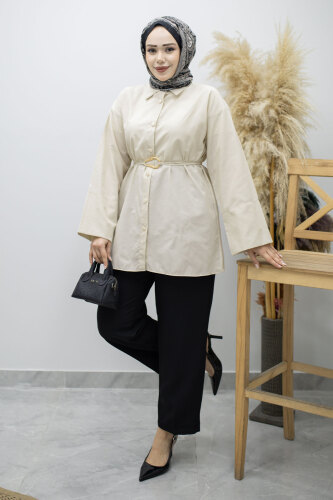 Kuşağı Gold Detaylı Gömlek TSD260162 Bej - 3