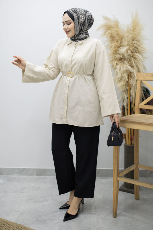 Kuşağı Gold Detaylı Gömlek TSD260162 Bej - 5