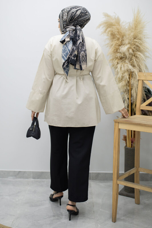 Kuşağı Gold Detaylı Gömlek TSD260162 Bej - 6