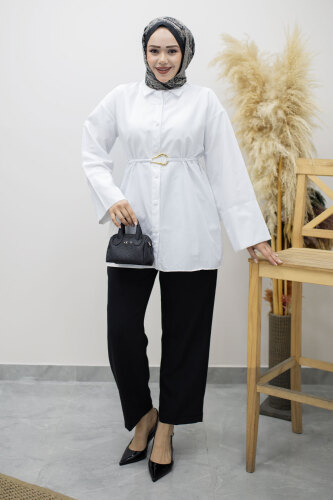 Kuşağı Gold Detaylı Gömlek TSD260162 Beyaz 