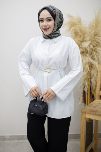 Kuşağı Gold Detaylı Gömlek TSD260162 Beyaz - 2