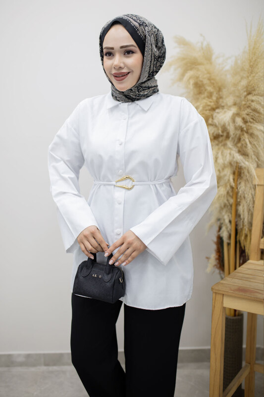 Kuşağı Gold Detaylı Gömlek TSD260162 Beyaz - Tesettür Dünyası (1)