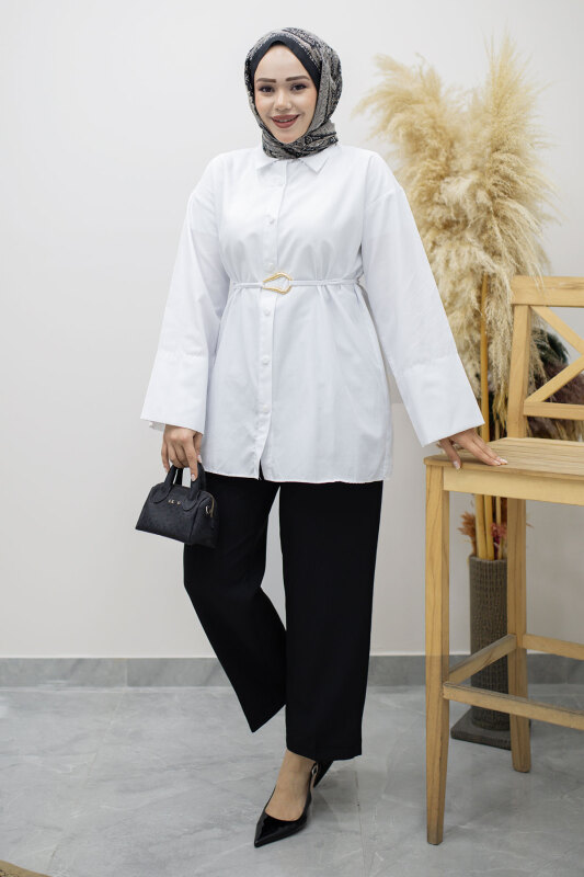 Kuşağı Gold Detaylı Gömlek TSD260162 Beyaz - 5
