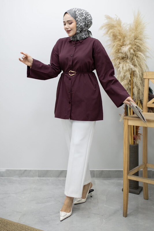 Kuşağı Gold Detaylı Gömlek TSD260162 Bordo - Tesettür Dünyası