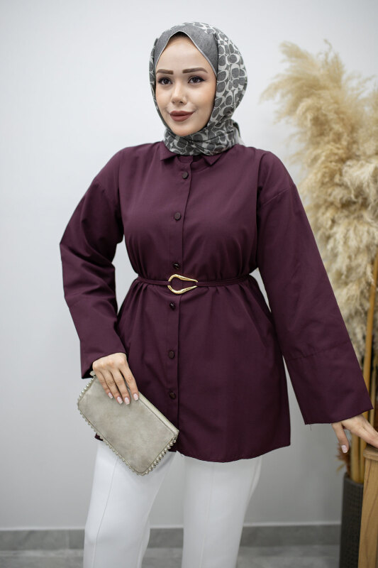Kuşağı Gold Detaylı Gömlek TSD260162 Bordo - Tesettür Dünyası (1)