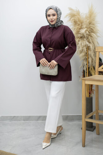 Kuşağı Gold Detaylı Gömlek TSD260162 Bordo - 3