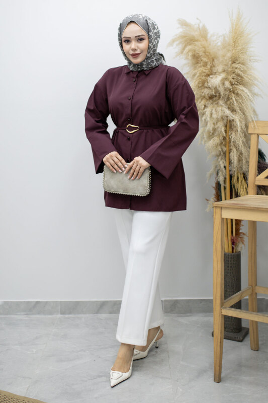 Kuşağı Gold Detaylı Gömlek TSD260162 Bordo - 3