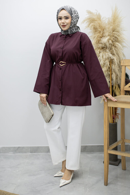 Kuşağı Gold Detaylı Gömlek TSD260162 Bordo - 5