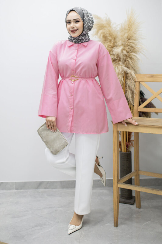Kuşağı Gold Detaylı Gömlek TSD260162 Pembe - Tesettür Dünyası