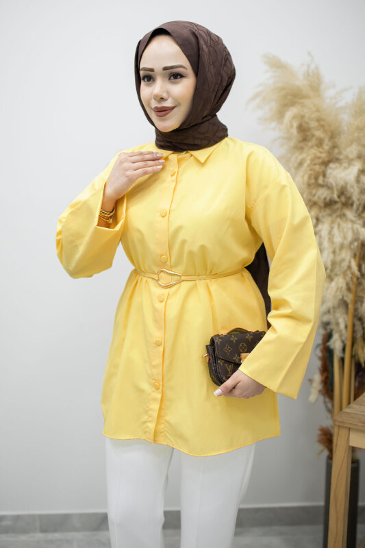 Kuşağı Gold Detaylı Gömlek TSD260162 Sarı - Tesettür Dünyası (1)