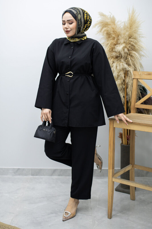 Kuşağı Gold Detaylı Gömlek TSD260162 Siyah - Tesettür Dünyası