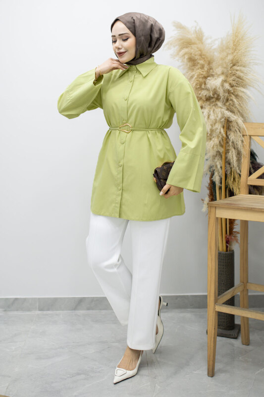 Kuşağı Gold Detaylı Gömlek TSD260162 Yeşil - Tesettür Dünyası