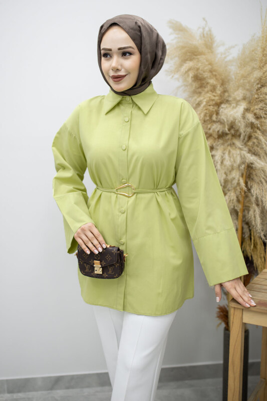 Kuşağı Gold Detaylı Gömlek TSD260162 Yeşil - Tesettür Dünyası (1)
