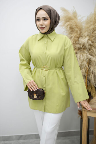 Kuşağı Gold Detaylı Gömlek TSD260162 Yeşil - Tesettür Dünyası (1)