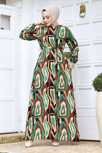 Leopar Desenli Beli Kuşaklı Elbise TSD240235 Yeşil 