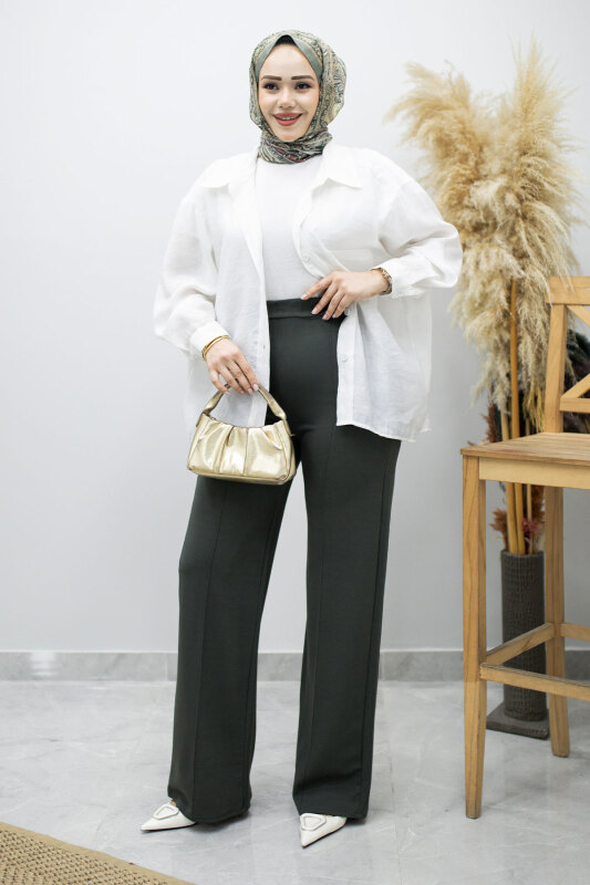 Likralı Çimalı Bol Paça Pantolon TSD260161 Antrasit - Tesettür Dünyası (1)