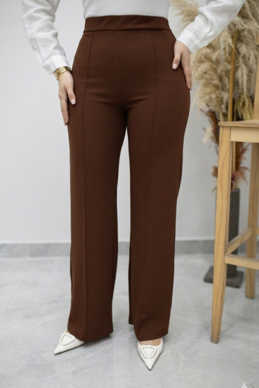 Likralı Çimalı Bol Paça Pantolon TSD260161 Kahverengi - Tesettür Dünyası