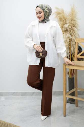 Likralı Çimalı Bol Paça Pantolon TSD260161 Kahverengi - 2