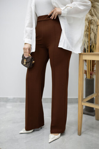 Likralı Çimalı Bol Paça Pantolon TSD260161 Kahverengi - 3