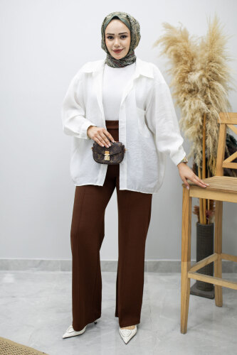 Likralı Çimalı Bol Paça Pantolon TSD260161 Kahverengi - 4