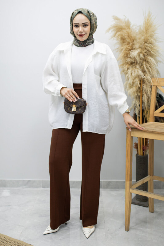 Likralı Çimalı Bol Paça Pantolon TSD260161 Kahverengi - 4