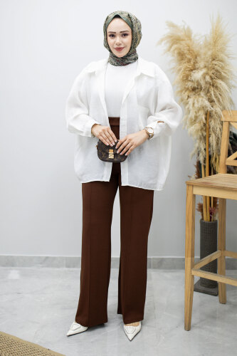 Likralı Çimalı Bol Paça Pantolon TSD260161 Kahverengi - 5