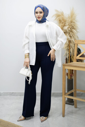 Likralı Çimalı Bol Paça Pantolon TSD260161 Lacivert - 2