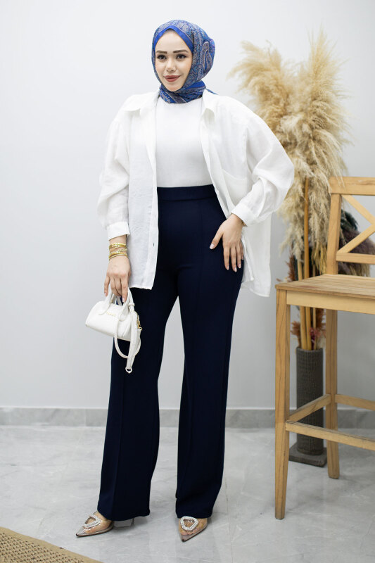 Likralı Çimalı Bol Paça Pantolon TSD260161 Lacivert - Tesettür Dünyası (1)