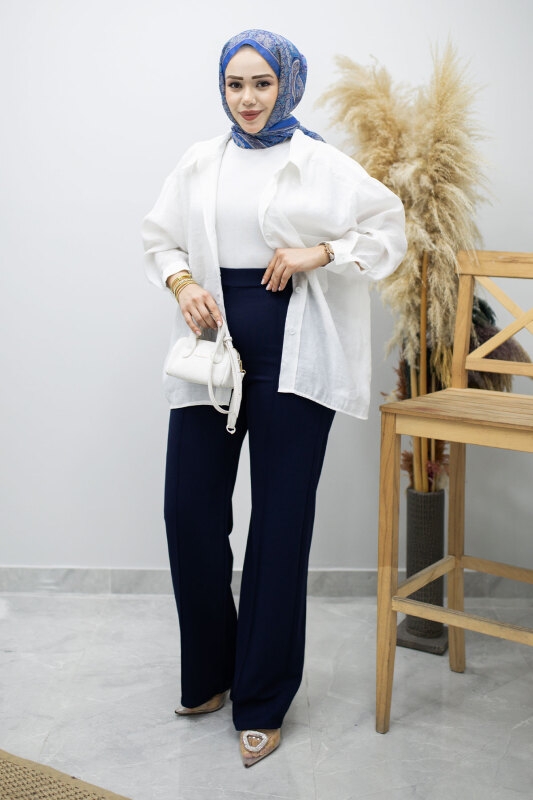 Likralı Çimalı Bol Paça Pantolon TSD260161 Lacivert - 4