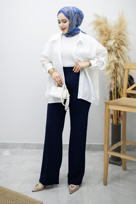 Likralı Çimalı Bol Paça Pantolon TSD260161 Lacivert - 5