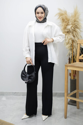 Likralı Çimalı Bol Paça Pantolon TSD260161 Siyah - 2