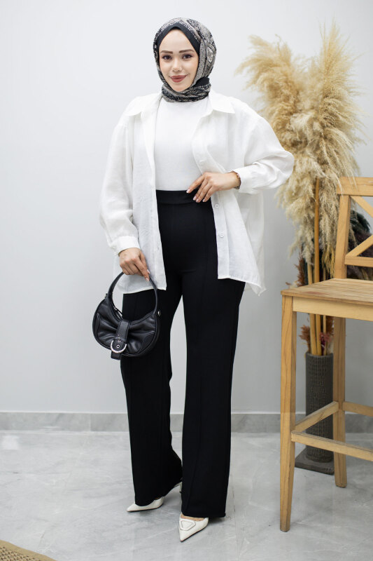 Likralı Çimalı Bol Paça Pantolon TSD260161 Siyah - 4