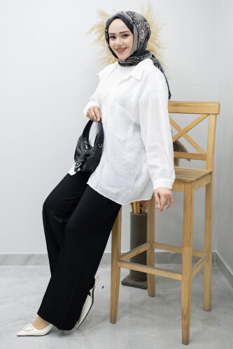 Likralı Çimalı Bol Paça Pantolon TSD260161 Siyah - 5