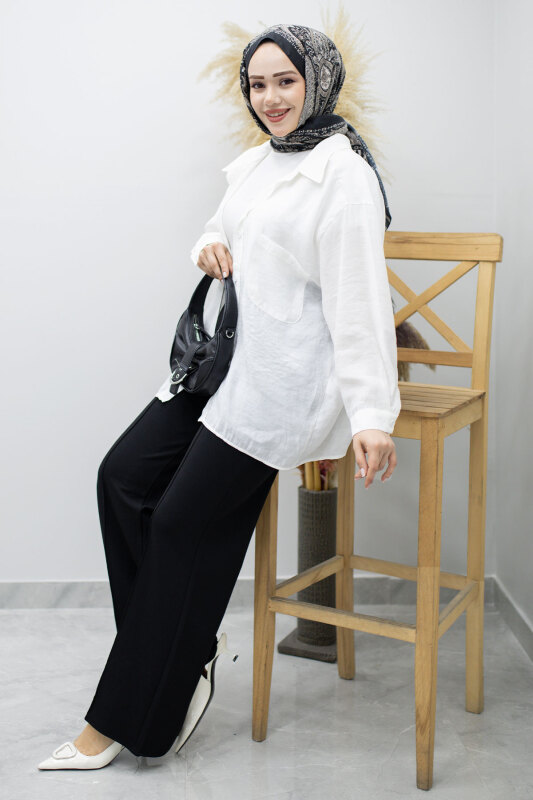 Likralı Çimalı Bol Paça Pantolon TSD260161 Siyah - 5