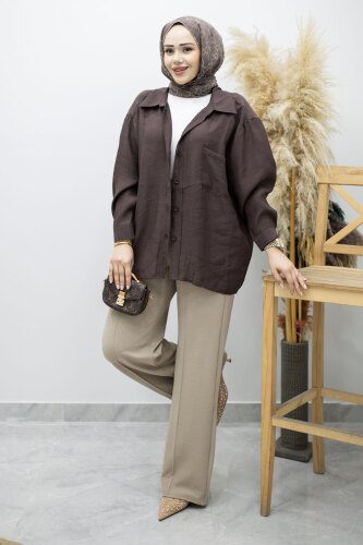 Likralı Çimalı Bol Paça Pantolon TSD260161 Vizon - 2