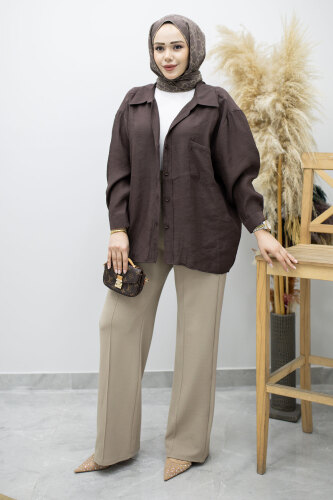 Likralı Çimalı Bol Paça Pantolon TSD260161 Vizon - 4