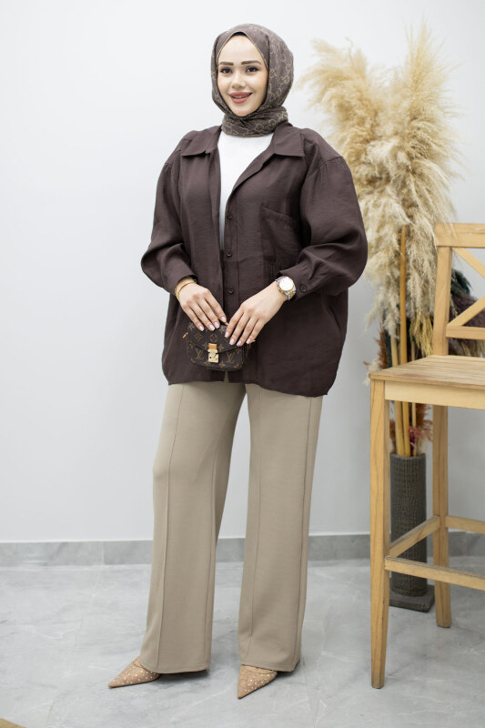 Likralı Çimalı Bol Paça Pantolon TSD260161 Vizon - 5