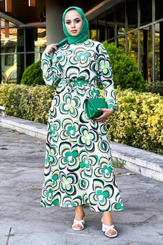 Manolya Desenli Beli Lastikli Elbise TSD220848 Yeşil - 3
