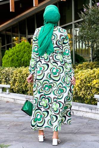 Manolya Desenli Beli Lastikli Elbise TSD220848 Yeşil - 5