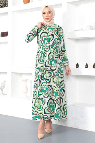 Manolya Desenli Beli Lastikli Elbise TSD230222 Yeşil - 1