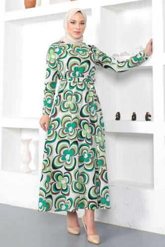 Manolya Desenli Beli Lastikli Elbise TSD230222 Yeşil - 5