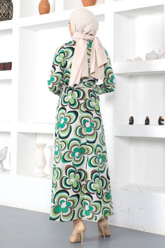 Manolya Desenli Beli Lastikli Elbise TSD230222 Yeşil - 6