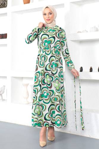 Manolya Desenli Beli Lastikli Elbise TSD230222 Yeşil - 3
