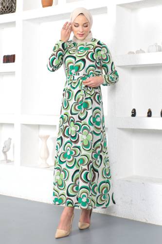 Manolya Desenli Beli Lastikli Elbise TSD230222 Yeşil - 4