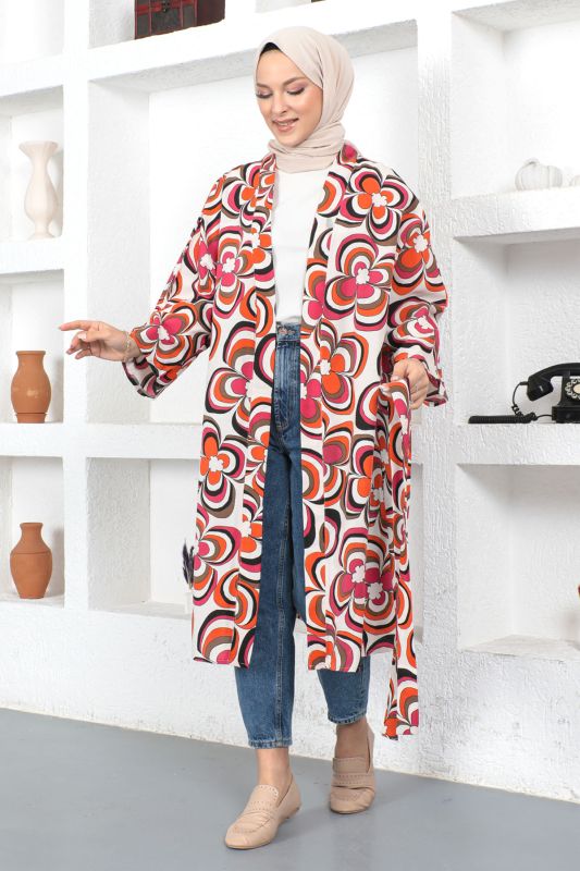 Manolya Desenli Kimono TSD230434 Turuncu - 3