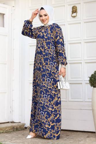 Menekşe Desenli Beli Kuşaklı Elbise TSD240208 Lacivert - 4