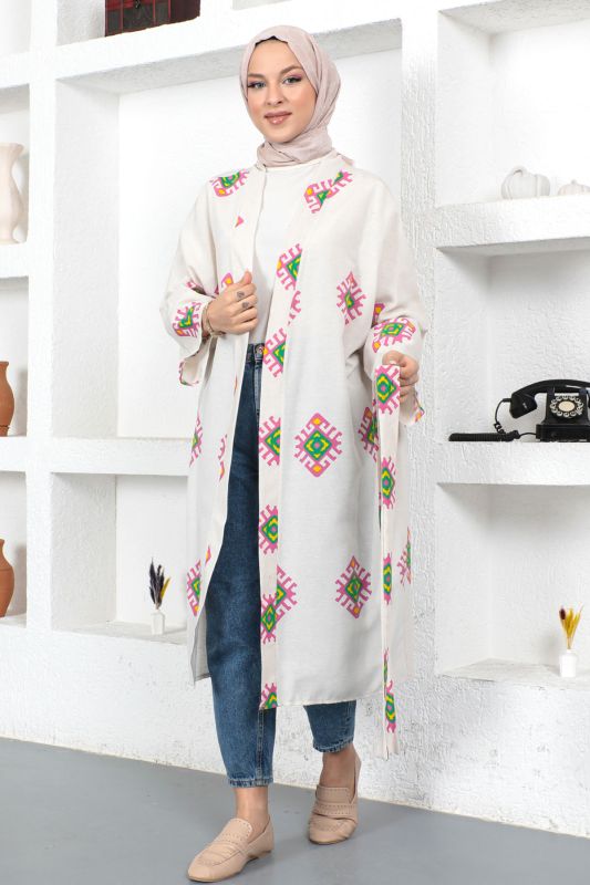 Motifli Kimono TSD230435 Beyaz - 1