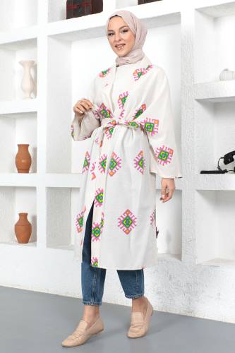 Motifli Kimono TSD230435 Beyaz - 2